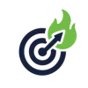 A dark blue target with a green flaming arrow hitting the center.