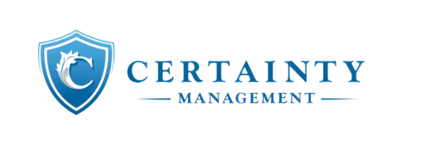 A blue shield logo with a stylized letter "C" on the left, next to the words "Certainty Management" in bold blue text.