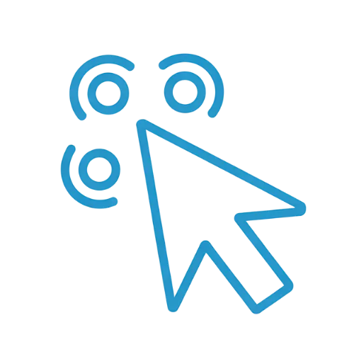 A blue outline of a computer mouse cursor points toward three circular icons arranged in a triangle on a transparent background.