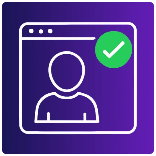 A navy blue square icon with rounded edges featuring three stylized human figures and a white hand with an extended index finger pointing to the middle figure, surrounded by a dotted circle.