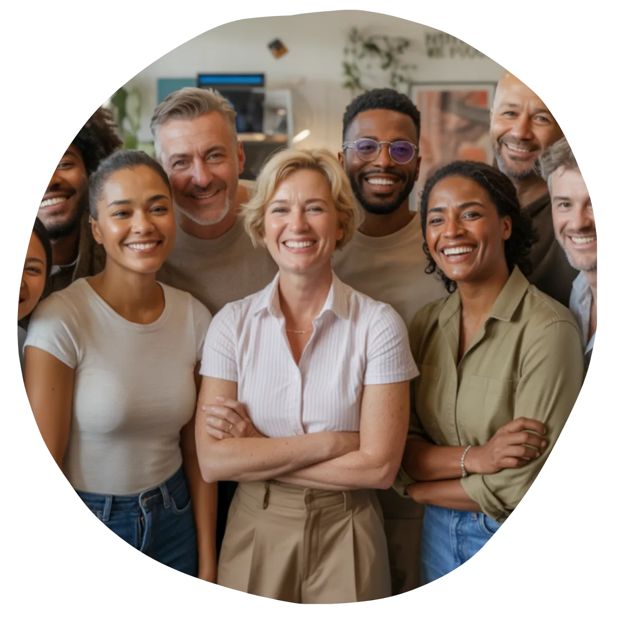 A diverse group of smiling adults, men and women, stand closely together in a modern office setting, suggesting teamwork and positivity. One woman stands in front with arms crossed, appearing confident.
