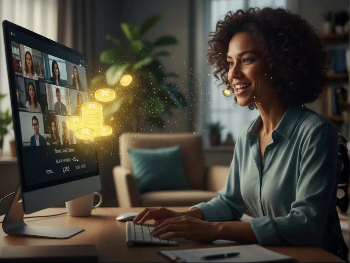 A smiling woman at a desk uses a computer for a video call with colleagues, while glowing digital coins float beside the screen, symbolizing virtual payments or online earnings.