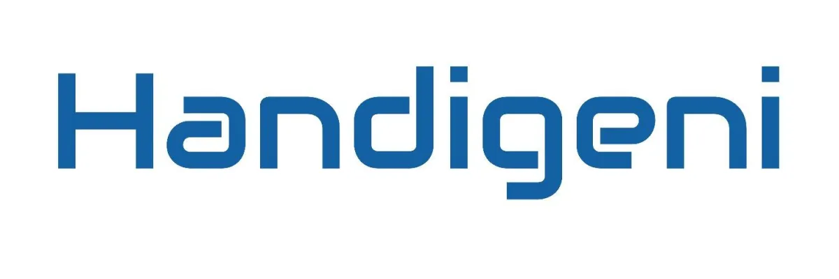 Handigeni logo in blue, representing AI-driven services and solutions for voice technology.