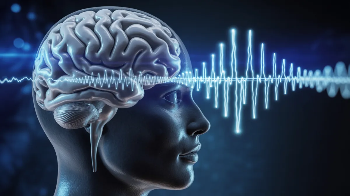 Soundwaves going into the brain of a 3D render brain