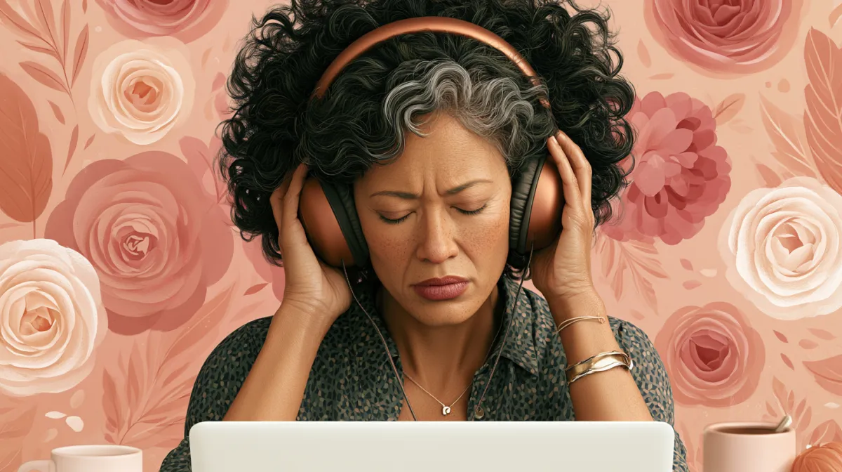 Woman with headphones on because the office is too loud for menopause workplace sound nervous system