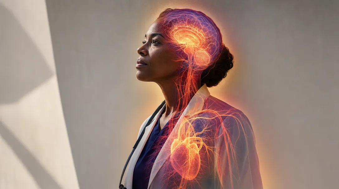 Black woman standing looking off while having hot flashes in a menopause nervous system