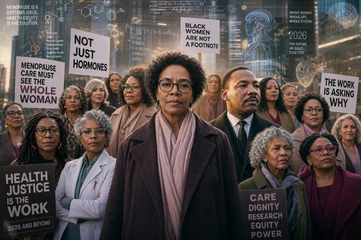 Black woman looking directly at camera with quiet authority — menopause racial disparities care model health equity