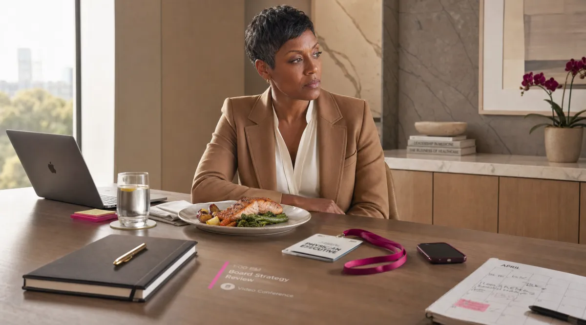 A female executive working through lunch