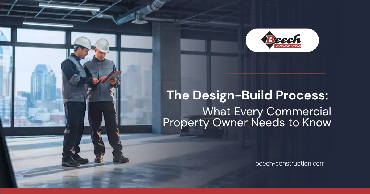 Commercial general contractor and architect reviewing design-build plans on a job site in Nashville