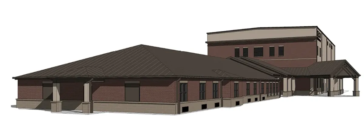 3D architectural rendering of the proposed SELCAT school and dormitory building featuring red brick construction, covered walkways, and a multi-story residential wing.