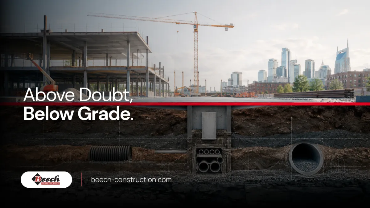 A commercial construction site above ground and a rendering of limestone and underground obstacles below the ground with the headline: Above Doubt. Below Grade.