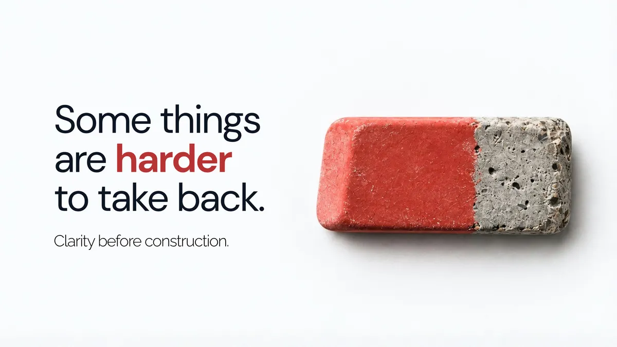 Red eraser transitioning into concrete against a black background, illustrating the difficulty of changing work after construction.