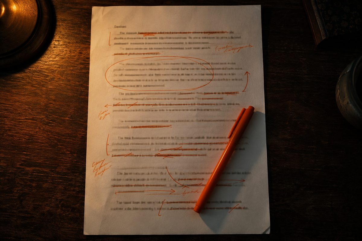 A printed page covered in orange editing marks, with an orange pen lying across it on a dark wooden desk.