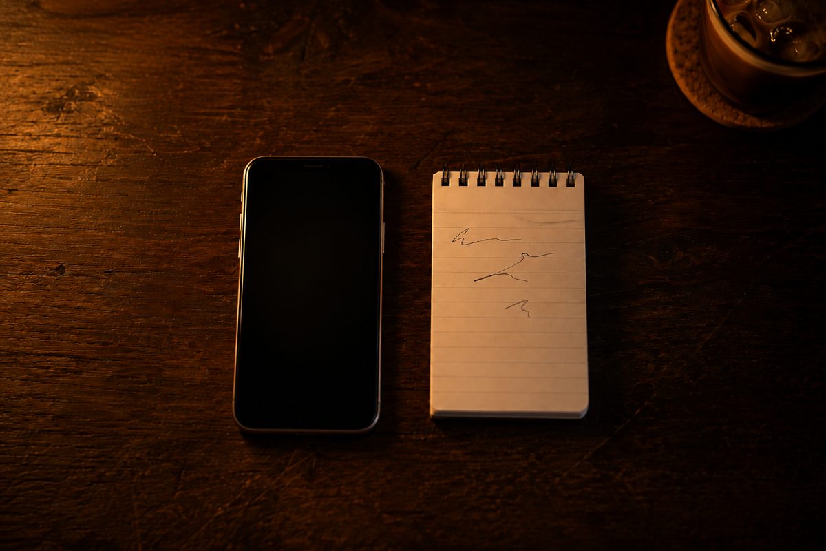 A phone with a dark screen beside a spiral notepad with a few handwritten lines, on a dark wooden desk.
