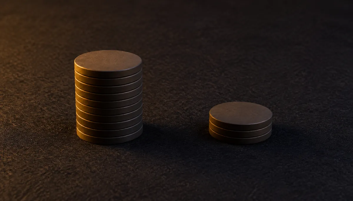 A tall stack of counters beside a stack of three, on dark felt.