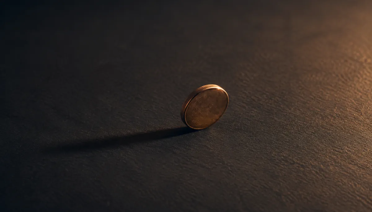 A coin caught mid-spin on a dark desk, casting a long shadow.