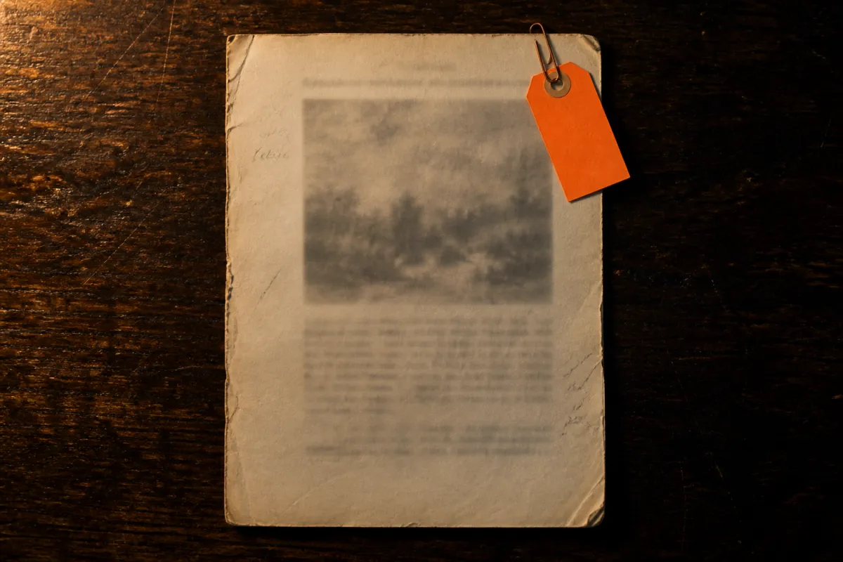 A worn printed page on a dark wooden desk with a blank orange tag clipped to its corner.