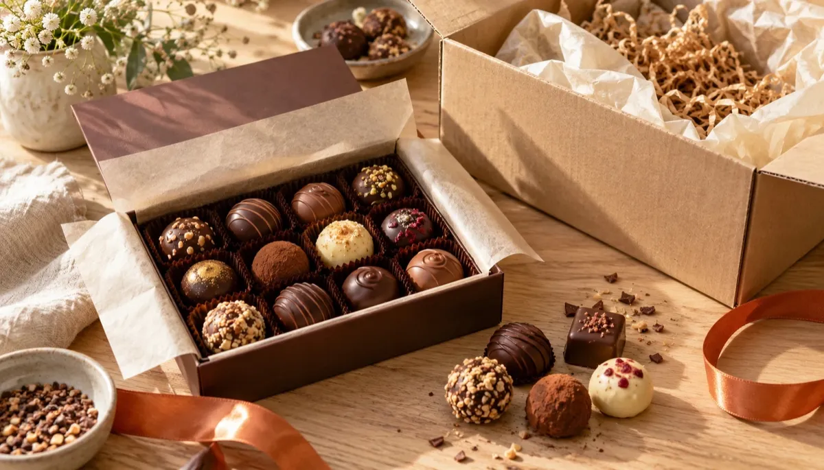 An open gift box of assorted handmade truffles beside a kraft shipping box and a copper ribbon on an oak table.