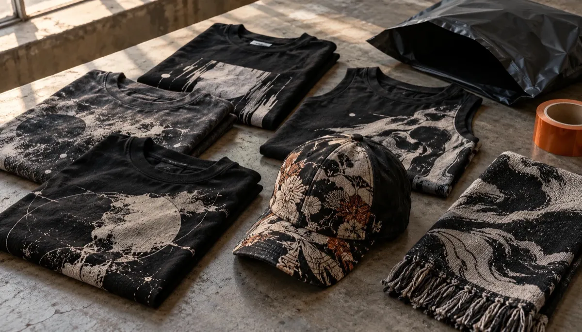 Folded black graphic tees, a floral kimono-fabric cap and a fringed scarf beside a black mailer on a concrete table.