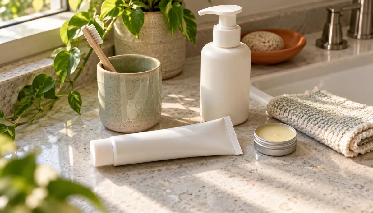 A plain white toothpaste tube, a lotion pump bottle and a tin of lip balm on a stone bathroom counter.