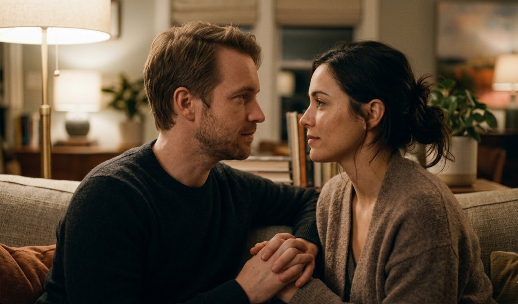 Couple sitting together on a sofa practicing the 12-minute turn toward relationship repair habit.