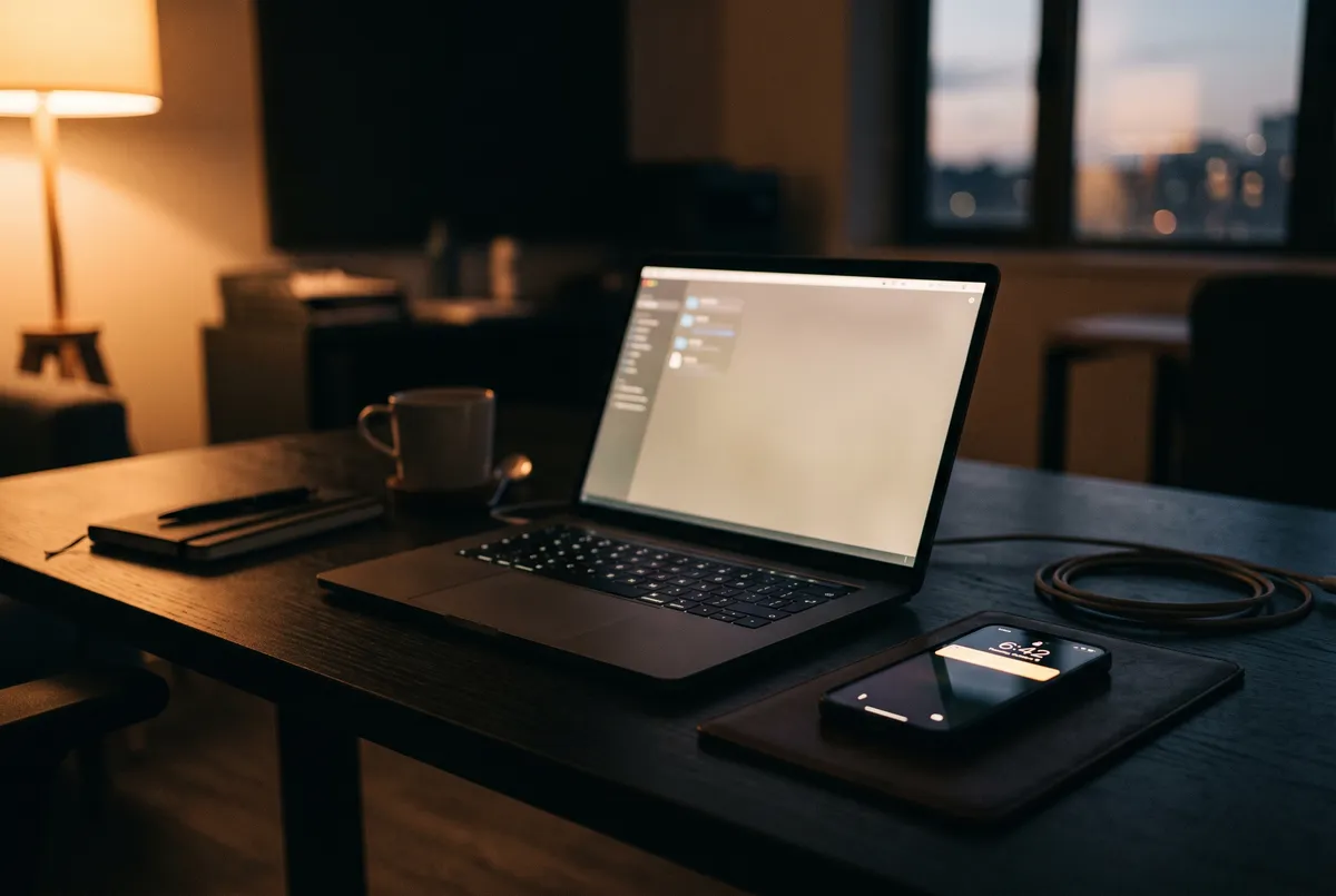 Empty desk with a glowing laptop and unread phone notification, symbolizing quiet employee disengagement at work