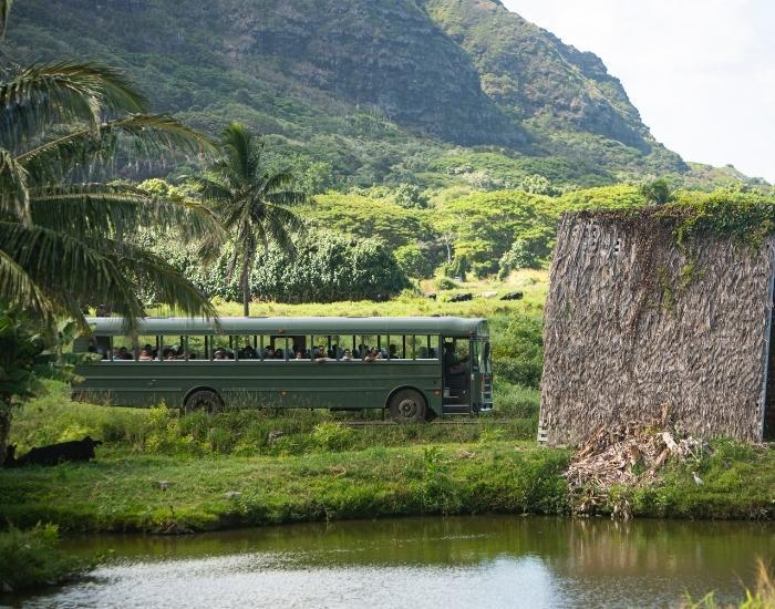 Hollywood Movie Site Tour Bus in Kualoa Ranch with Hut