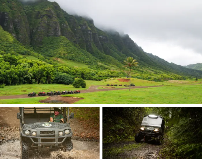 collage of UTV photos in Kualoa Ranch