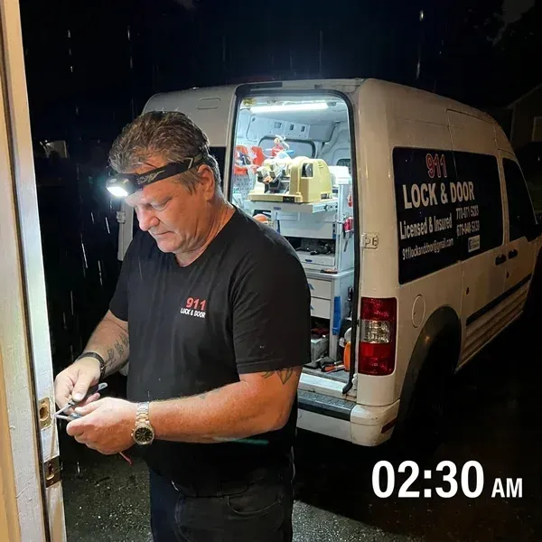 911 Lock and Door technician responding to a late-night emergency lockout call in Douglasville, GA