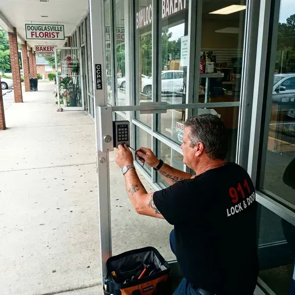 911 Lock and Door technician servicing a commercial storefront lock in Douglasville, GA