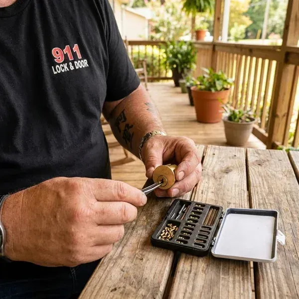 911 Lock and Door technician rekeying a lock for a new Douglasville homeowner