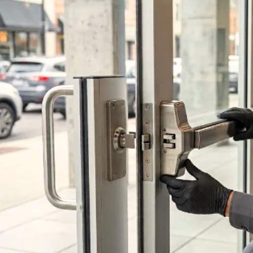 a commercial locksmith in Douglasville, GA installs a new lock mechanism in a commercial property