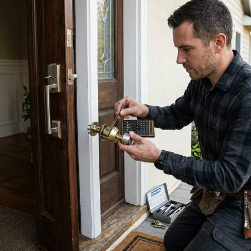 a 911 lock & door, LLC technician rekeys a rental house in Carrollton, GA