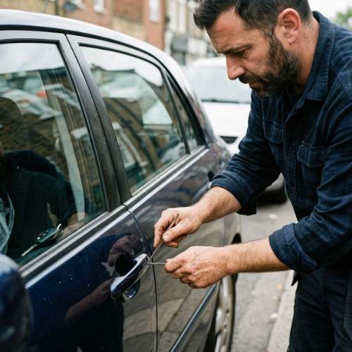 a locksmith unlocks a car after a customer has locker her keys inside in hiram, ga