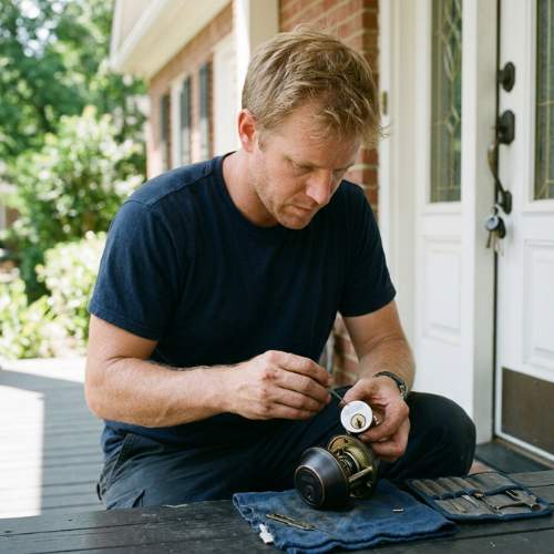 a locksmith in villa rica, ga, examines a deadbolt he has removed from a vacant house prior to rekeying