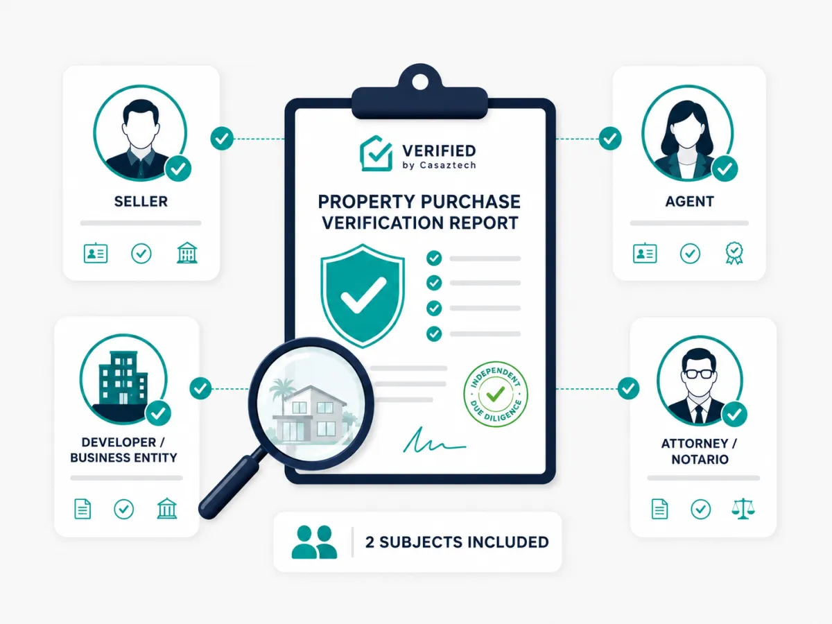 Buyer due diligence flow graphic: Property Purchase leading to Two Included Subjects and finally a Verification Report, showing two profile cards.