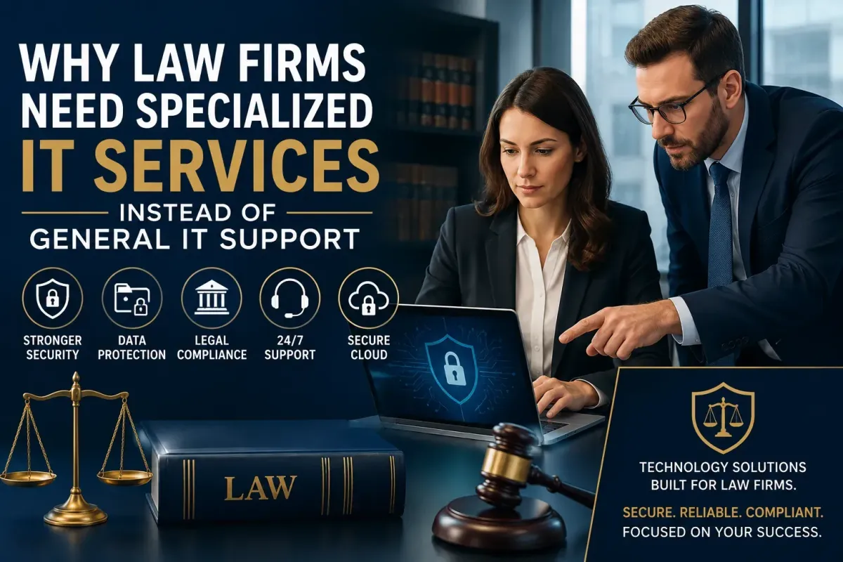 Law firm professionals using specialized IT services to improve cybersecurity, compliance, and secure legal technology support.