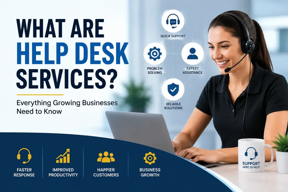 Business help desk services guide showing IT support agent providing technical assistance for growing businesses