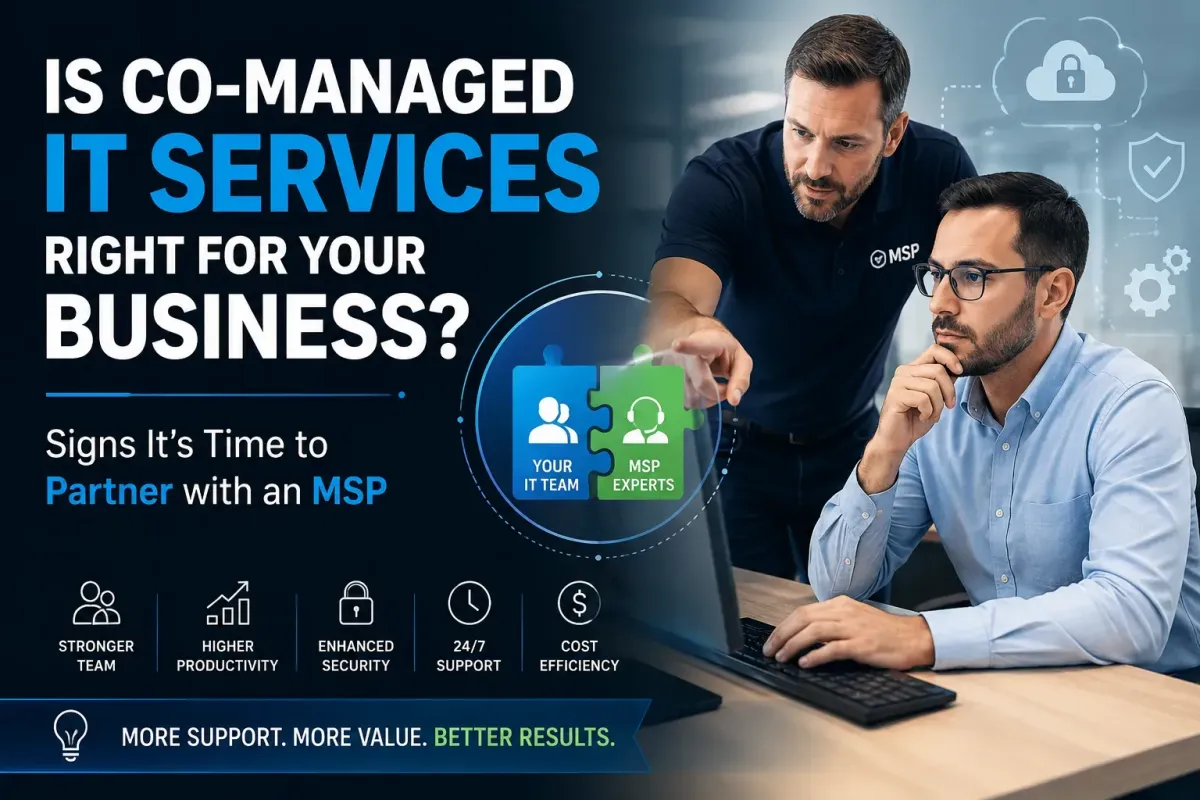 Business professionals discussing co-managed IT services and MSP partnership to improve cybersecurity, productivity, and IT support.