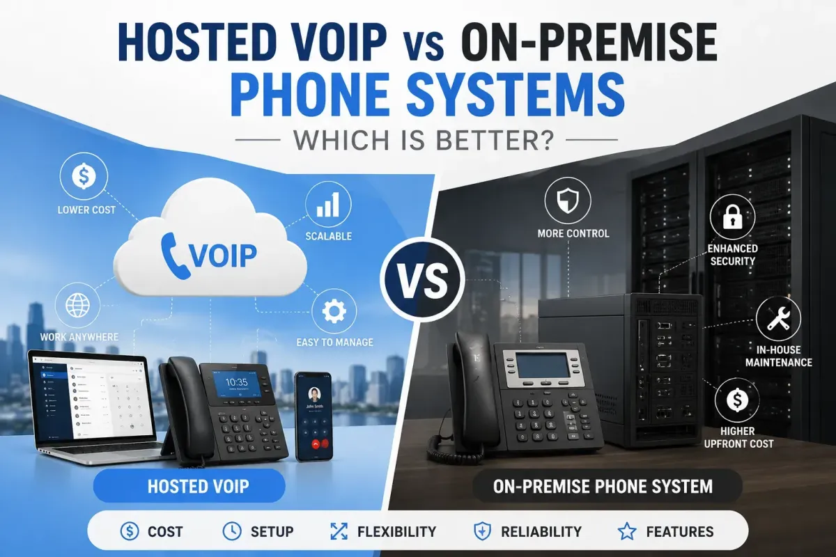 Hosted VoIP vs On-Premise Phone Systems comparison showing cost, flexibility, scalability, security, and key business benefits.