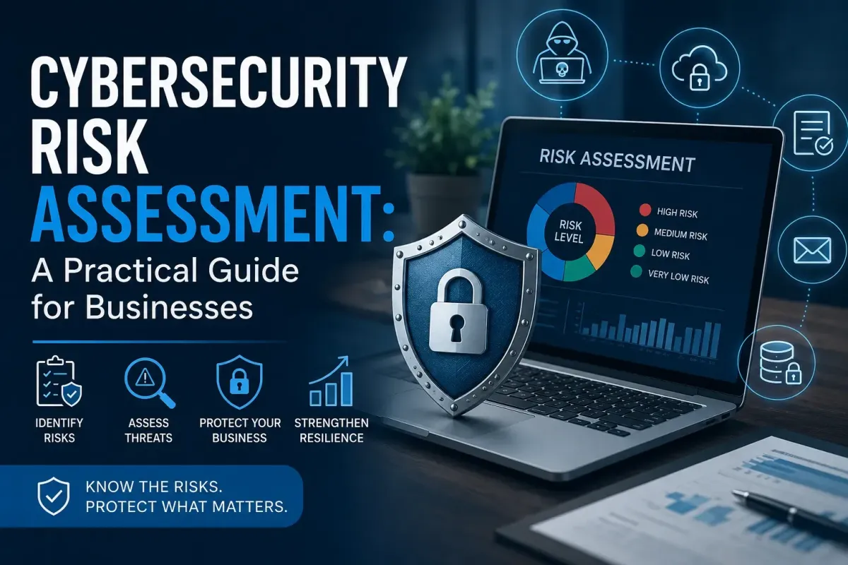Cybersecurity risk assessment guide showing business security dashboard, risk analysis, and cyber threat protection