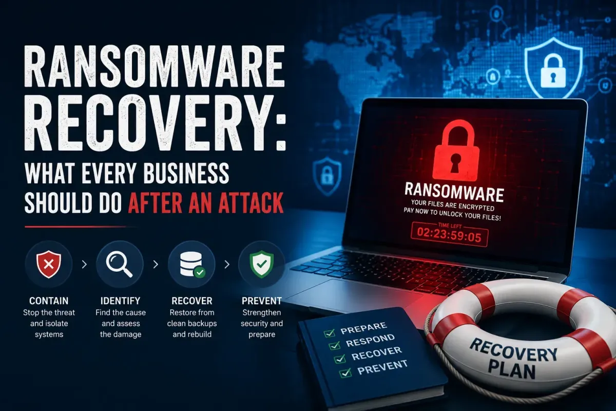 Ransomware recovery guide showing the essential steps businesses should take after a ransomware attack to restore systems and protect data.