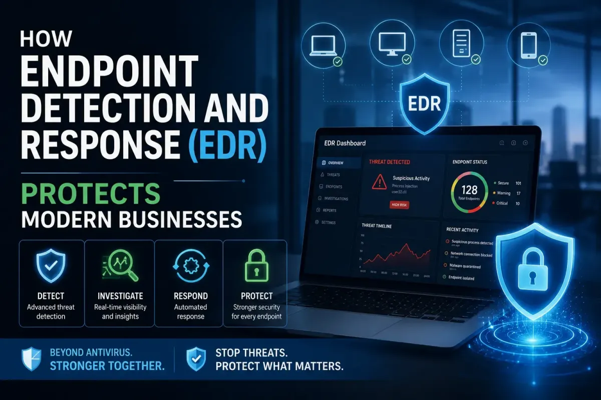 Illustration showing how Endpoint Detection and Response (EDR) protects modern businesses from cyber threats and ransomware attacks.