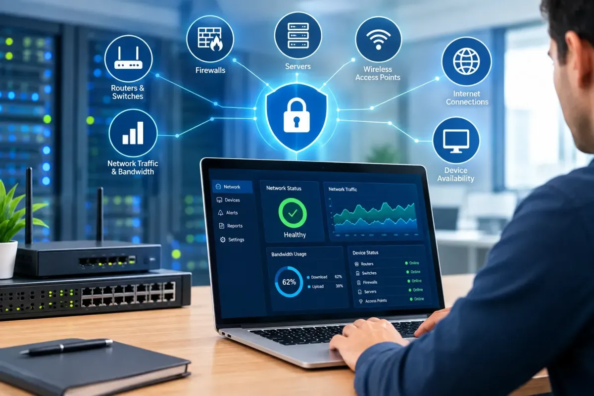 MSP network monitoring dashboard showing business network health, devices, bandwidth, and connectivity