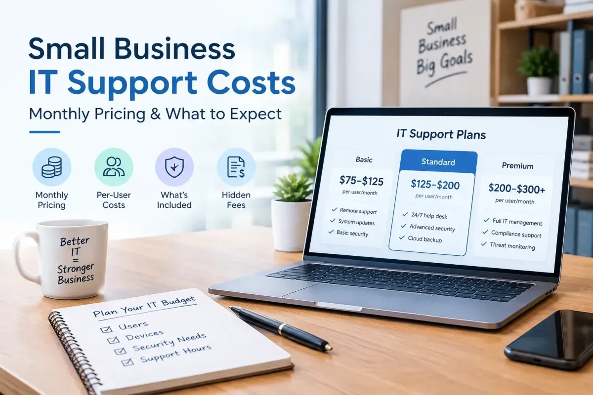 Small business IT support costs with monthly pricing plans, per-user costs, included services, and additional fees