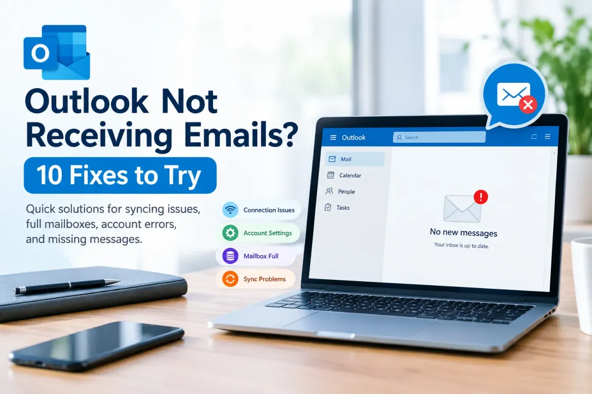 Outlook not receiving emails with common email troubleshooting fixes displayed beside a laptop