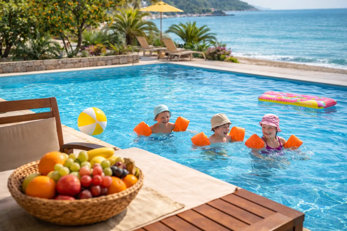 Overlapping landscape photo of a cooperative water-harvesting project with a multi-generational team inspecting systems at sunset, warm tones, high-quality editorial photography showing long-term vision and collaboration.