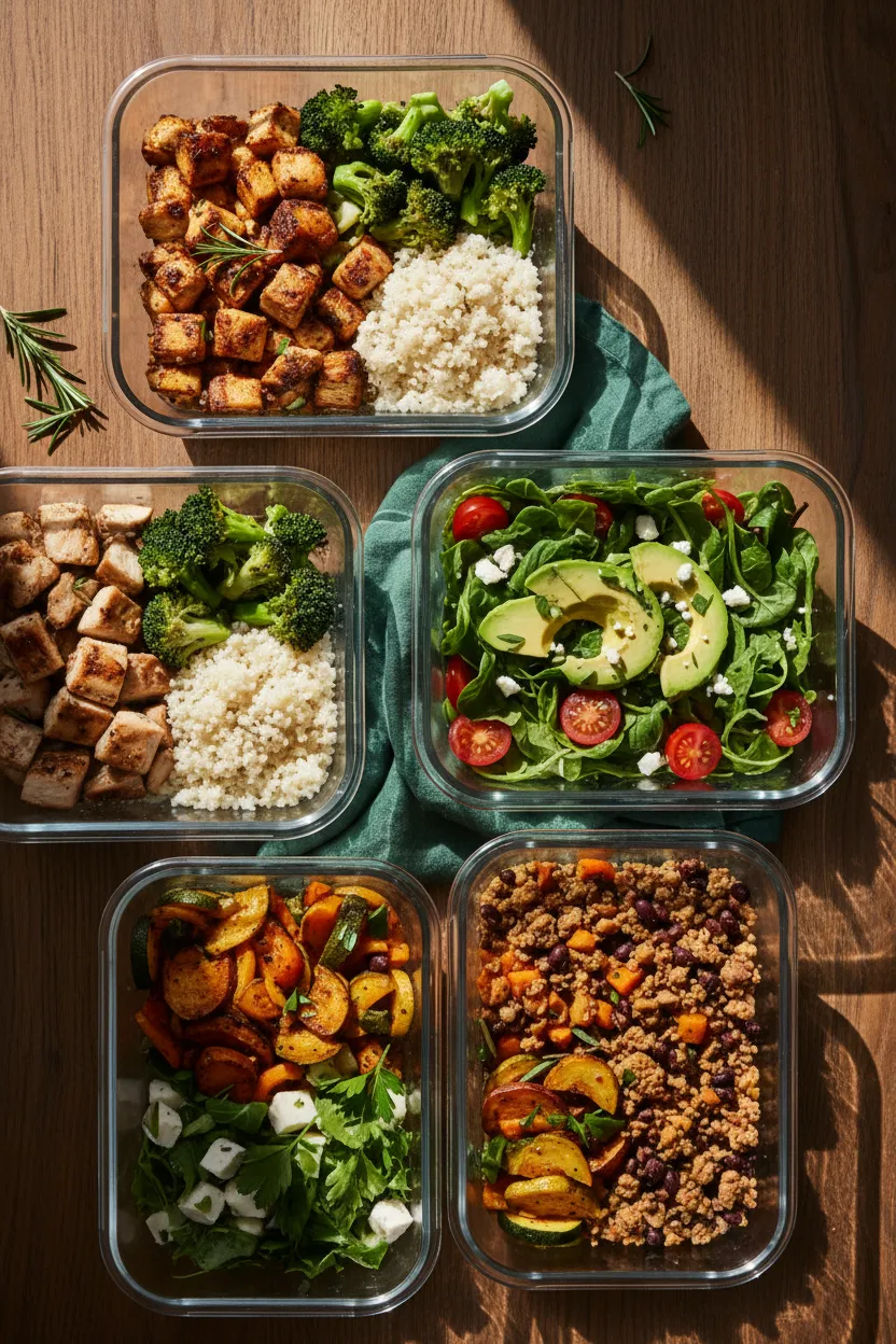 A clean, organized fridge or meal prep containers full of healthy food