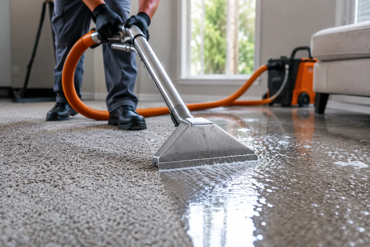 Emergency water extraction removing standing water from a flooded Murrieta home