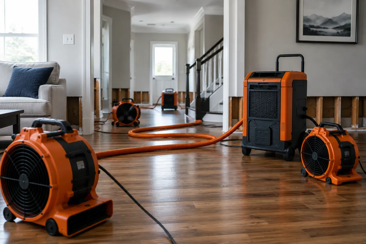 Industrial air movers and dehumidifier drying a water damaged room in Murrieta